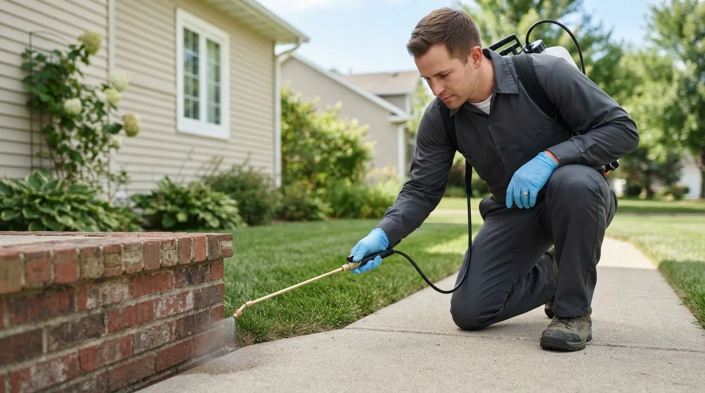 Pest control technician treating a home near Andover, ME